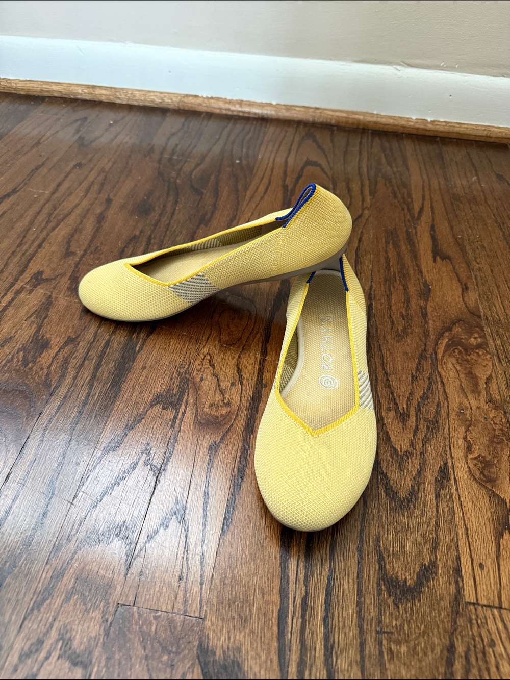 Rothy's Yellow Knit Ballet Flats with Blue Heel Tab